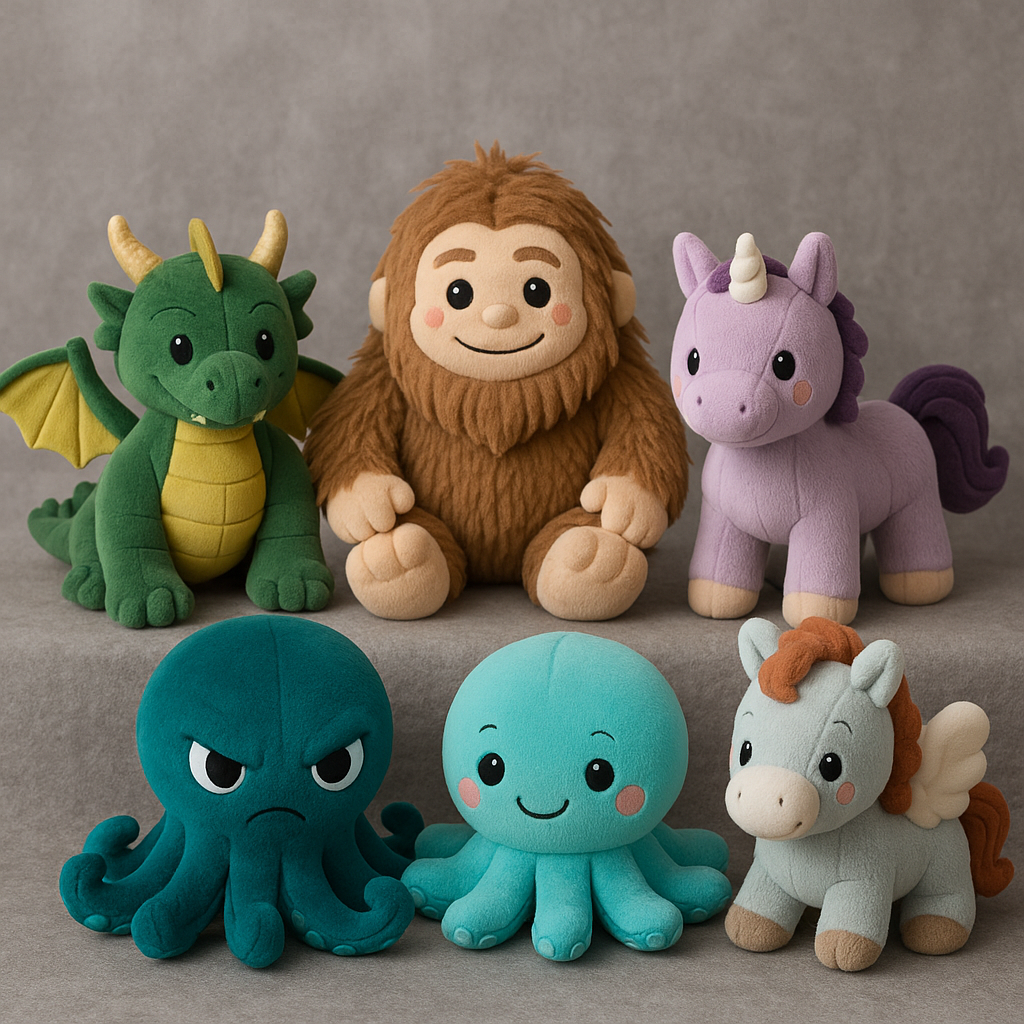 Collection of plush mythical creatures: krakens, dragon, unicorn, pegasus, and bigfoot