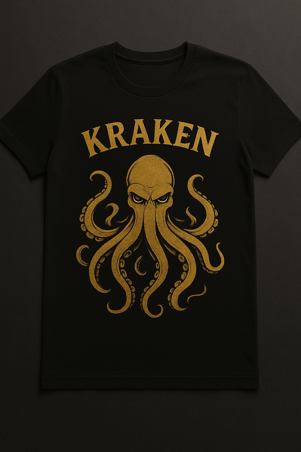 Black t-shirt with bold golden kraken design